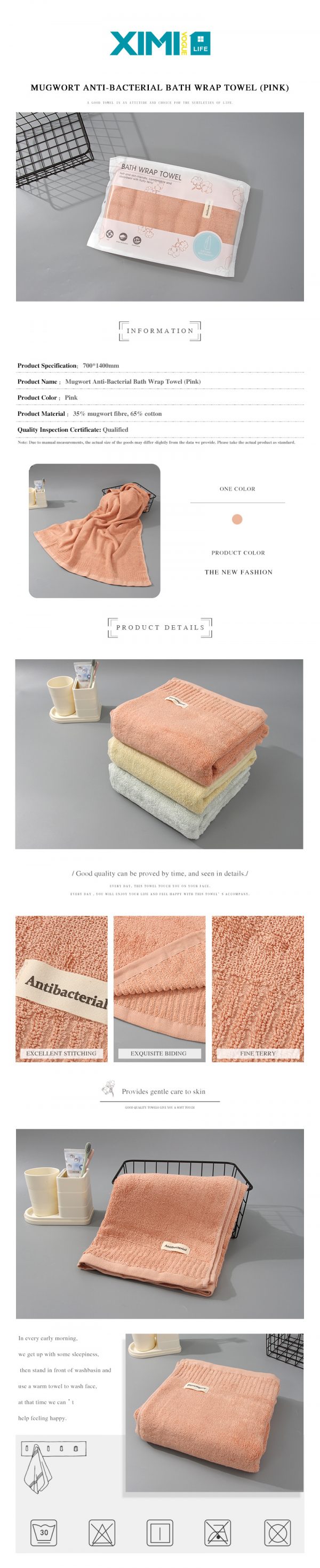 Mugwort Anti-Bacterial Bath Wrap Towel (Pink) - Image 2
