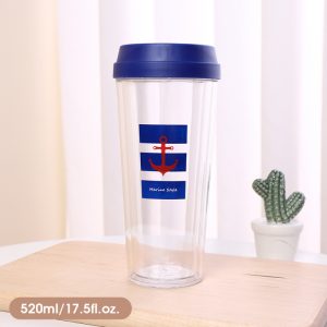 Marine Style Anti-Scald Double Wall Plastic Coffee Mug (Blue)(520ml/17.5fl.oz.)