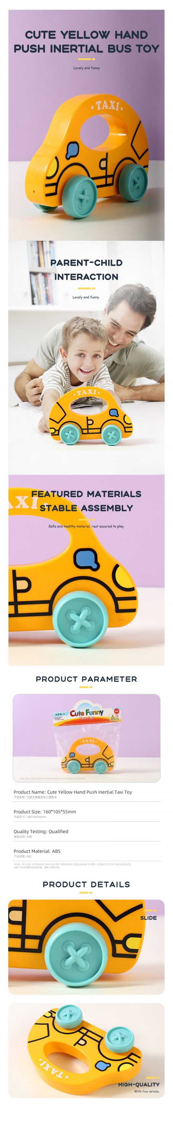 Cute Yellow Hand Push Inertial Taxi Toy - Image 2