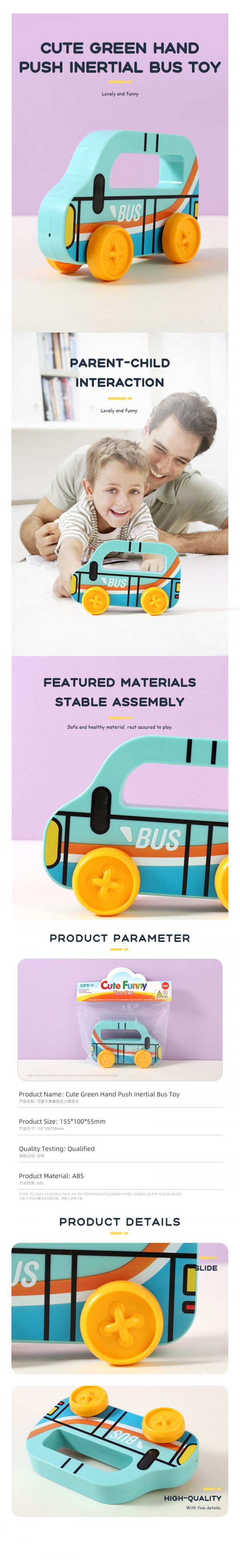 Cute Green Hand Push Inertial Bus Toy - Image 2