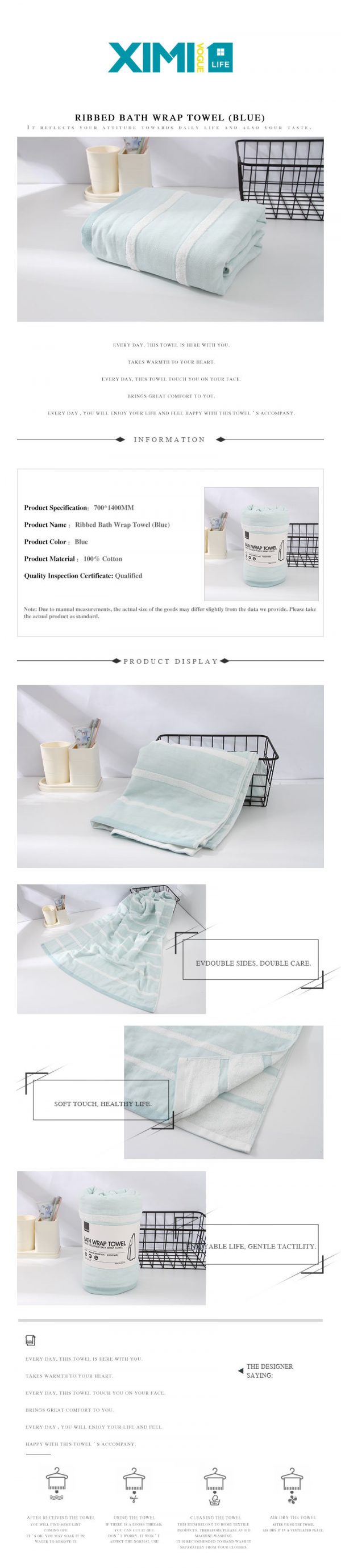 Ribbed Bath Wrap Towel (Blue) - Image 2