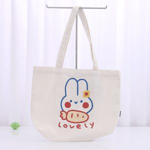 Shy Rabbit Shoulder Canvas Shopping Bag – White